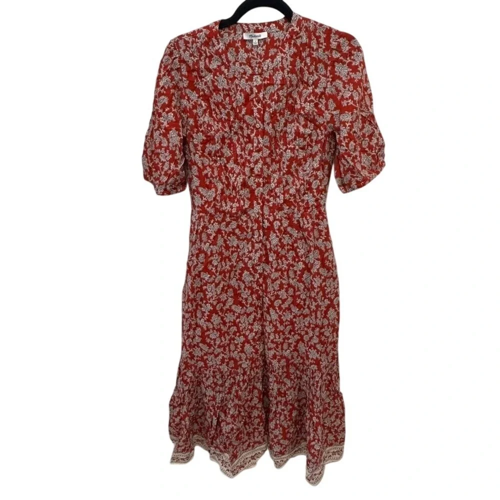 Madewell Red Paisley Floral Button Front Puff Sleeve Tiered Midi Dress 4 - Picture 6 of 11